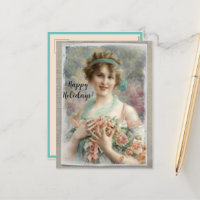 Viktorianische Frau mit Rose im Hintergrund