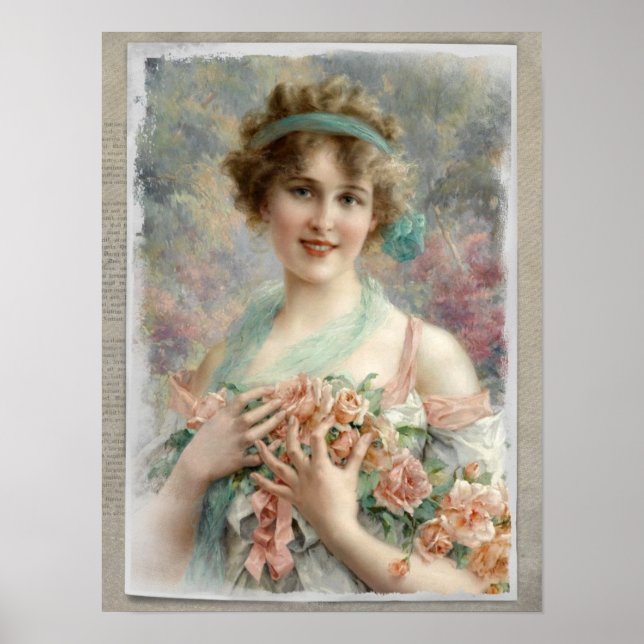 Viktorianische Frau mit Rose im Hintergrund Poster (Vorne)