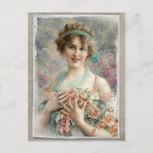 Viktorianische Frau mit Rosen auf Wasserfarben-Pos Postkarte