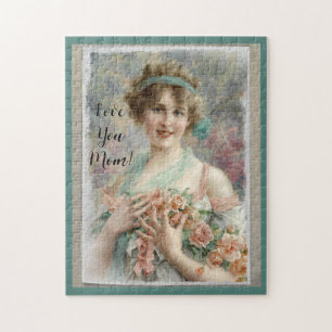 Viktorianische Frau mit Rosen auf Wasserfarbenhint Puzzle