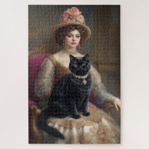 Viktorianische Frau mit schwarzer Katze Puzzle