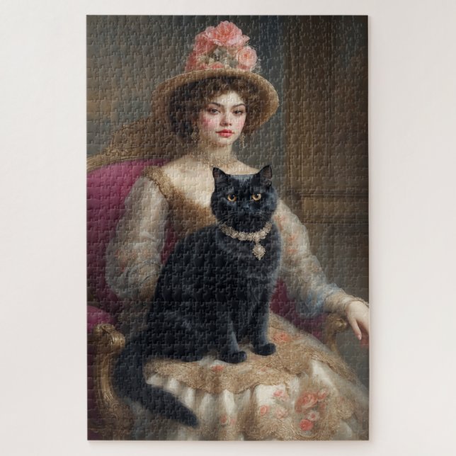 Viktorianische Frau mit schwarzer Katze Puzzle (Vertikal)
