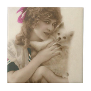 Viktorianische Frau und Hund Antik Foto Fliese