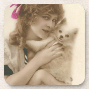 Viktorianische Frau und Hund Antik Foto Getränkeuntersetzer