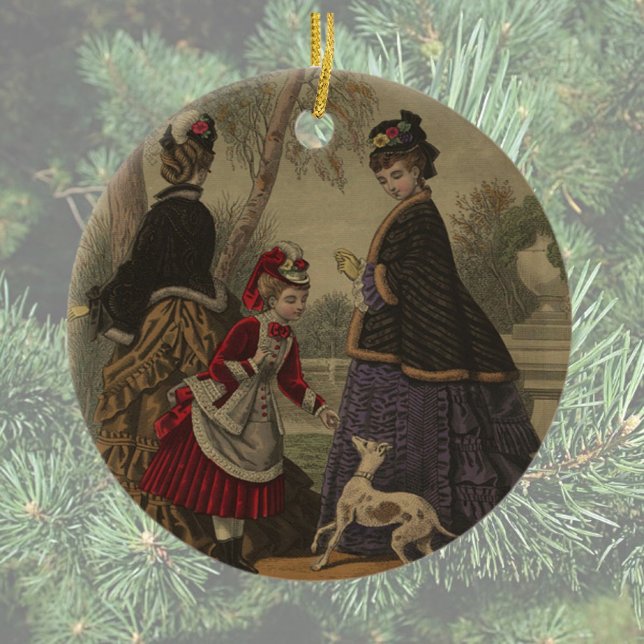 Viktorianische Frauen Mädchen & Hund auf Spazierga Keramik Ornament (Von Creator hochgeladen)