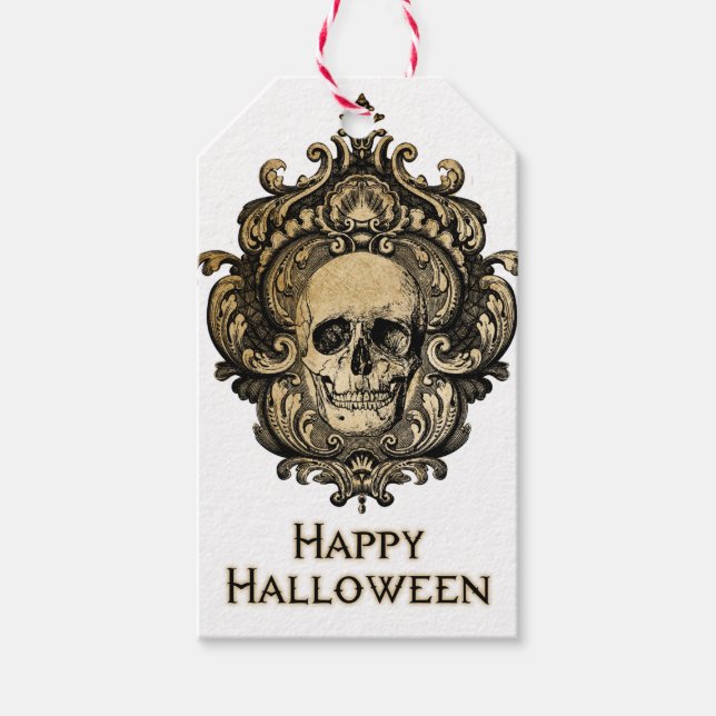 Viktorianische Gothic-Skull-Halloween-Geschenkmark Geschenkanhänger (Vorderseite)