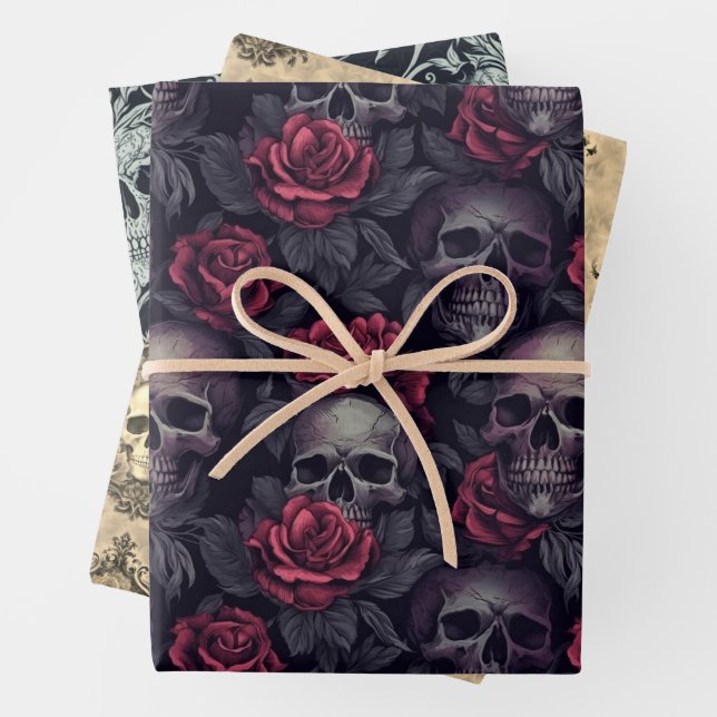 Viktorianische Gothic Skulls Damask Vintag Geschenkpapier Set (Beispiel)