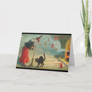 Viktorianische Hexenkarte und Katzen-Halloween-Kar Karte