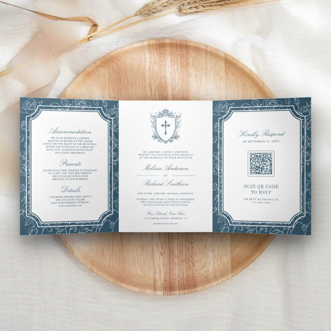 Viktorianische Hochzeit des Blue Katholic QR Code Dreifach Gefaltete Einladung (Von Creator hochgeladen)