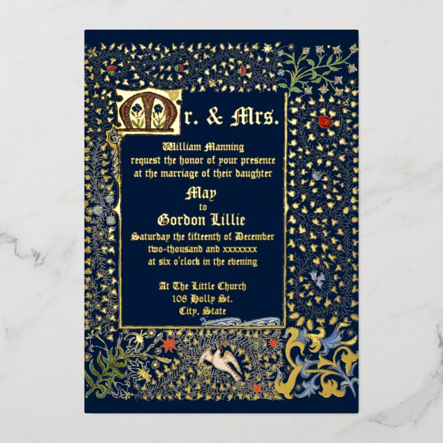 Viktorianische Hochzeit im Mittelalter 1873 Folieneinladung (Vorderseite)