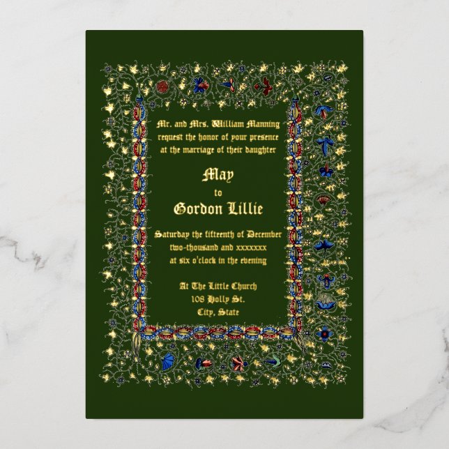 Viktorianische Hochzeit im Mittelalter 1883 Folieneinladung (Vorderseite)