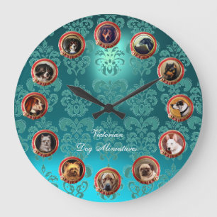 VIKTORIANISCHE HUND-MINIATURPORTRAITS Teal Blaue D Große Wanduhr