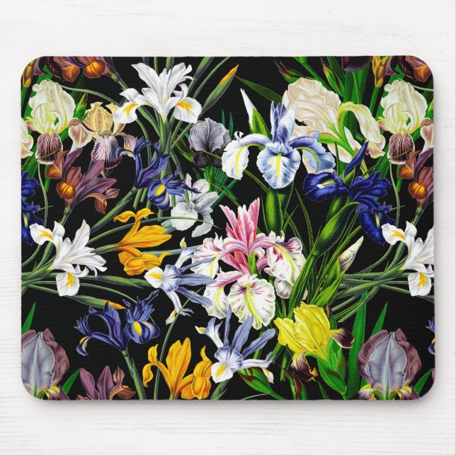 Viktorianische Iris-Blume auf schwarzem Muster Mousepad (Vorne)