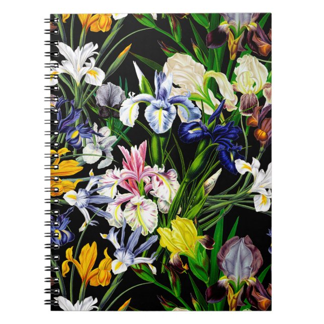 Viktorianische Iris-Blume auf schwarzem Muster Notizblock (Vorderseite)