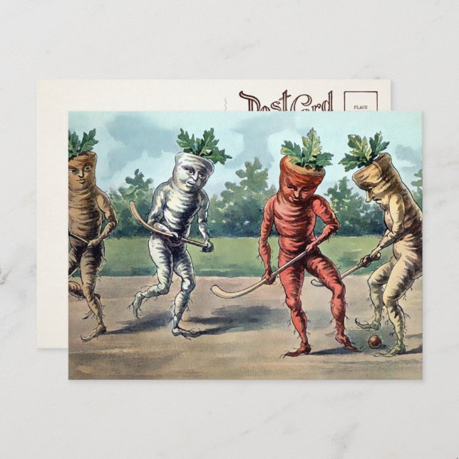 Viktorianische Karotten spielen Hockey Postkarte  (Vorne/Hinten)