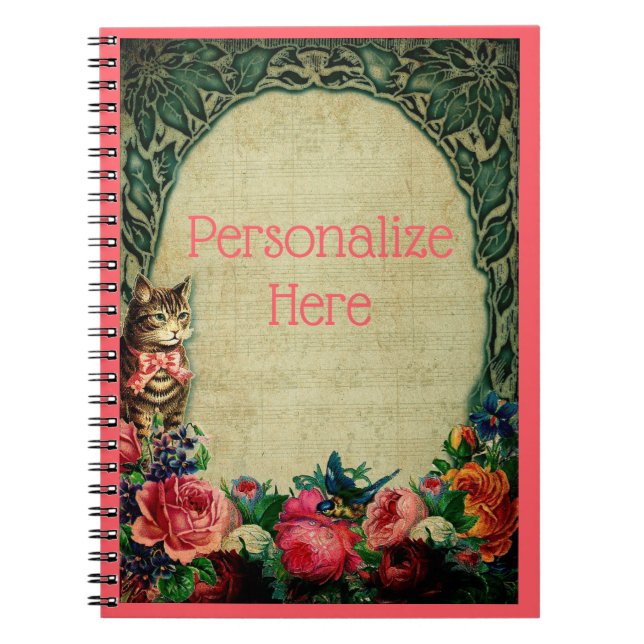 Viktorianische Katz- und Notenblumenmusik Vintag Notizblock (Vorderseite)