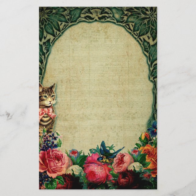 Viktorianische Katz- und Notenmusik Rose Vintag Briefpapier (Vorderseite)