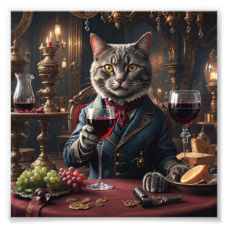 Viktorianische Katze mit Rotwein-Glas Fotodruck