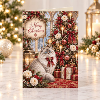 Viktorianische Katze Vintage Rotes Florales Weihna Feiertagskarte