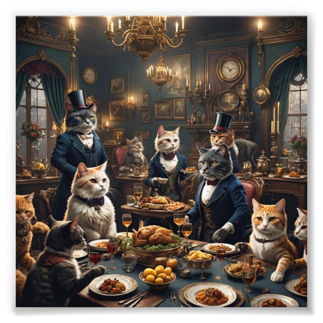 Viktorianische Katzen Abendessen Party Fotodruck (Vorne)