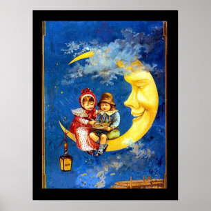 Viktorianische Kinder am Mond Vintage-Plakat Poster