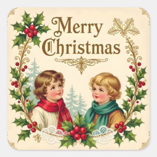 Viktorianische Kinder Frohe Weihnachten vintage Quadratischer Aufkleber