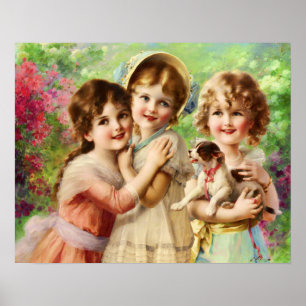 Viktorianische Kinder mit Welpe, Emile Vernon Poster