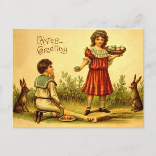 Viktorianische Kinder Osterbrunnen Antike Postkart Feiertagspostkarte