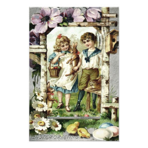 Viktorianische Kinder Ostern Bunny Chick Ei Birdho Fotodruck