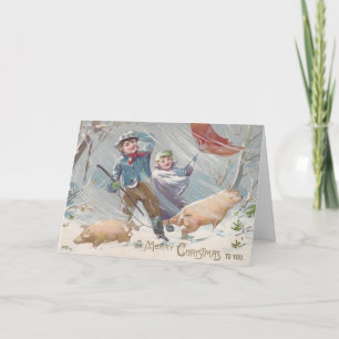Viktorianische Kinder und Schweine Weihnachtskarte Feiertagskarte