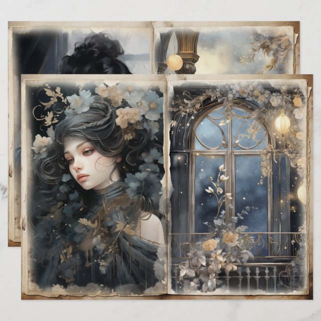 Viktorianische Lady Balcony Blue Junk Journal-Seit (Vorne/Hinten)