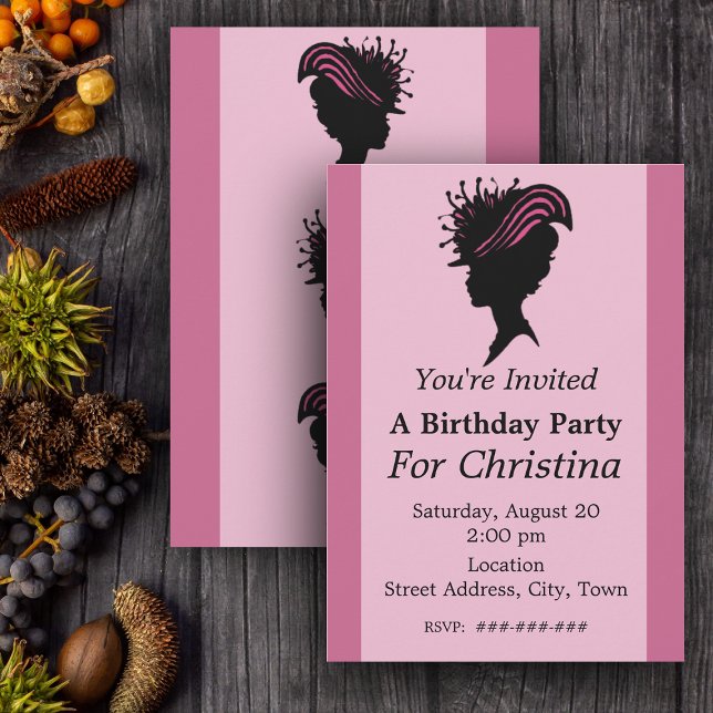 Viktorianische Lady Black Silhouette Extravagant H Einladung (Silhouette of face of Victorian woman fancy hat on pink Birthday party invitations.)