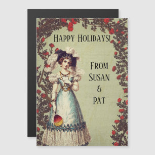 Viktorianische Lady im Rote Rose Garden mit Fan Magnetkarte