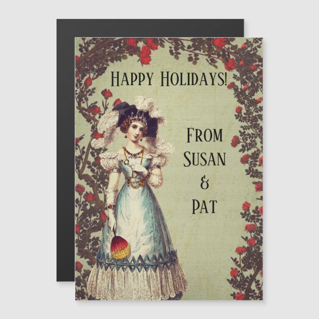 Viktorianische Lady im Rote Rose Garden mit Fan Magnetkarte (Vorne/Hinten)