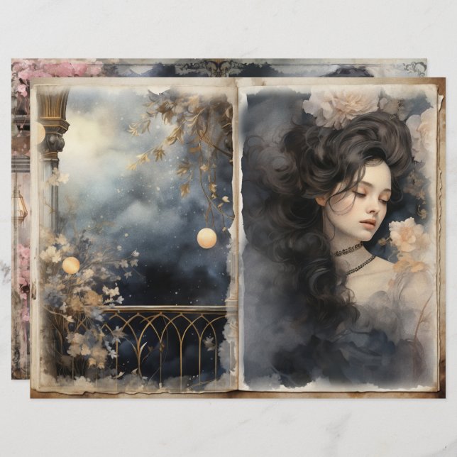 Viktorianische Lady Midnight Blue Junk Journal-Sei (Vorne/Hinten)