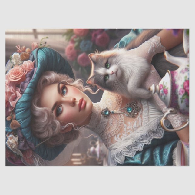 Viktorianische Lady mit Blue Hat und Cat Tissue Pa Seidenpapier (Vorderseite)