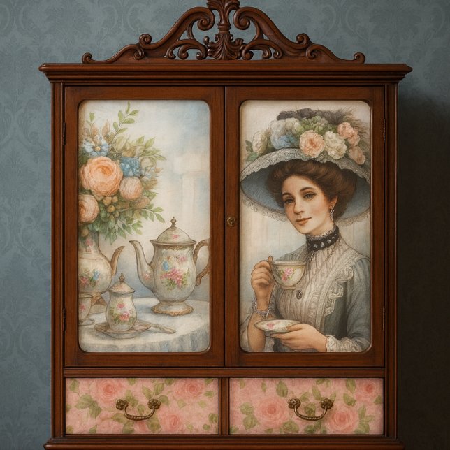 Viktorianische Lady mit floralfarbenem Huttea-Part Seidenpapier (Victorian cabinet mockup with decoupage styled to spark creative ideas for elegant home decor.)
