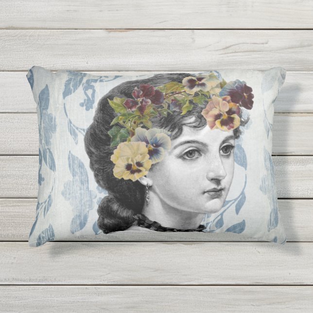 Viktorianische Lady Woman Stiefmütterchen auf Band Kissen Für Draußen (Vorderseite)