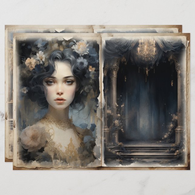 Viktorianische Ladys Balcony Blue Junk Journal-Sei (Vorne/Hinten)