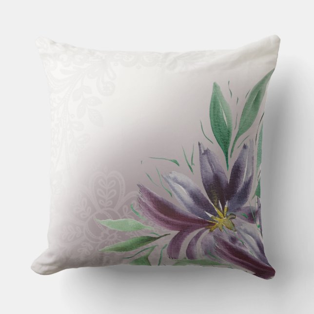 Viktorianische Lila Spitze Lotus Watercolor Kissen (Vorderseite)