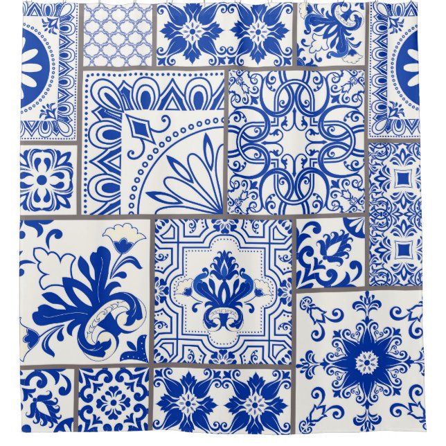 Viktorianische Majolika: Patchwork-Fliesenmuster. Duschvorhang (Vorderseite)