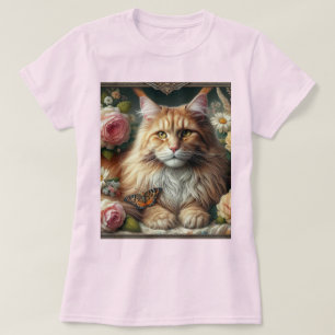 Viktorianische Orange Maine Coon Cat mit rosa Rose T-Shirt