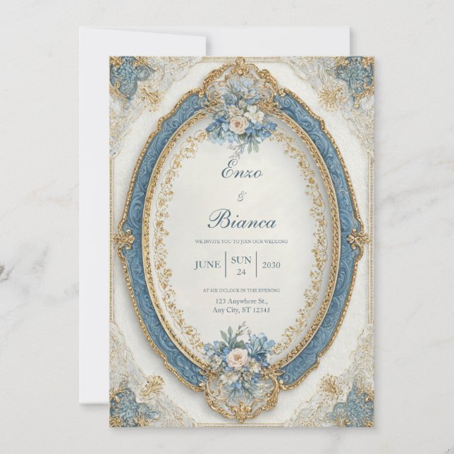 Viktorianische Oval Blue Floral Wedding Einladung (Vorderseite)