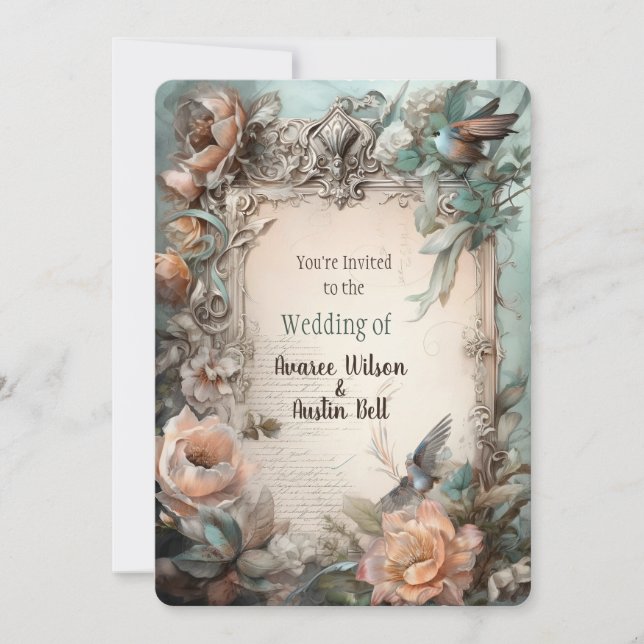 Viktorianische Pastel Pink Blauer Blumenstrauß Ein Einladung (Vorderseite)