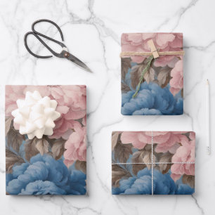 Viktorianische pastellblaue und rosa Blüten Geschenkpapier Set