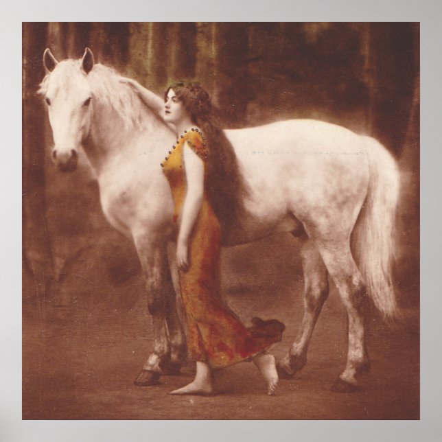 Viktorianische Romantik-Girl mit Weißer Stallion Poster (Vorne)
