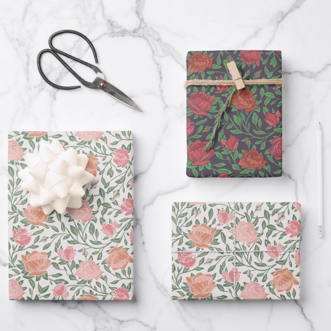 Viktorianische Rosa- und Rosatinrosen gemischt Geschenkpapier Set (Vorderseite)