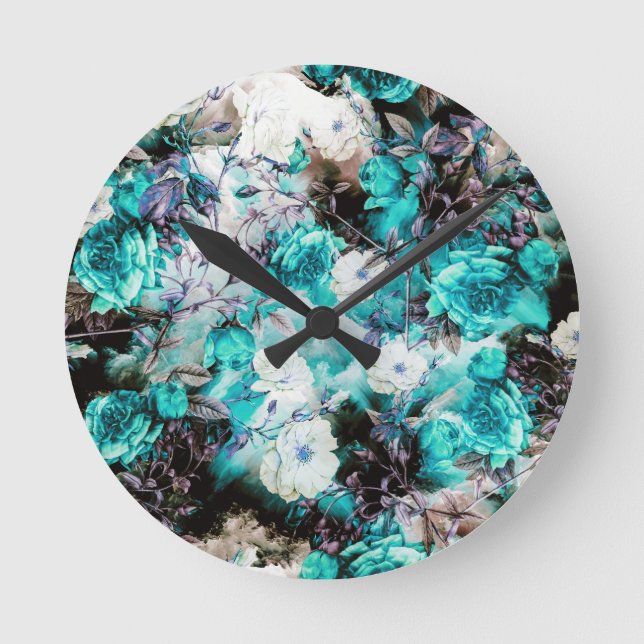 Viktorianische Rose Floral türkis aquamarin Schwar Runde Wanduhr (Vorderseite)