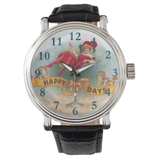 Viktorianische Rote Champagnerfrau Happy Armbanduhr (Vorderseite)