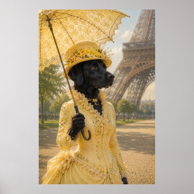 Viktorianische schwarze Labrador-Dame am Eiffeltur Poster (Vorne)